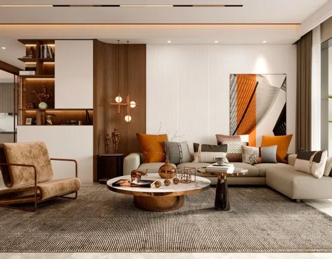 Salon contemporain aux tons chauds avec habillage bois